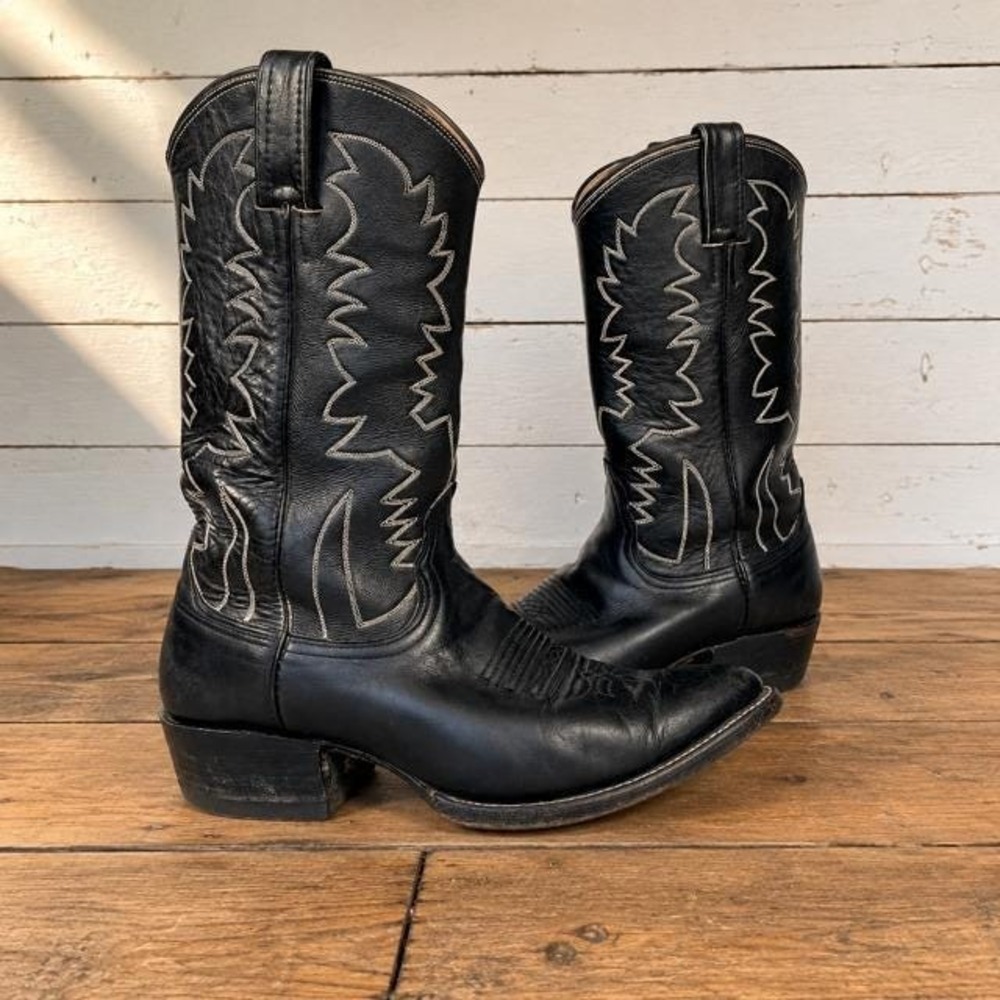 Vintage Bona Allen Black Leather Western Cowboy Boots Mens 8 D Narrow Shaft